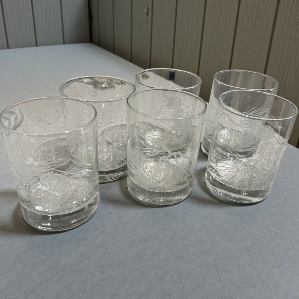 Vintage Set of 6 Pine Cone-Themed Etched Glass 8-oz. Lowball WHISKEY GLASSES
